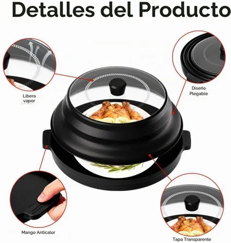 Vista 4 de Cubierta 2 en 1 para salpicaduras de microondas para alimentos con placa base antiquemaduras, tapa grande de plástico y silicona plegable con Negro