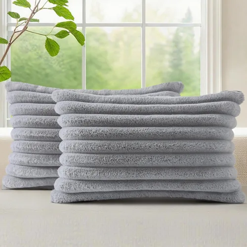 Vista 54 de decorUhome Fundas de almohada de piel sintética, juego de 2, decorativas, afelpadas, suaves, afelpadas, a rayas, parte posterior de terciopelo