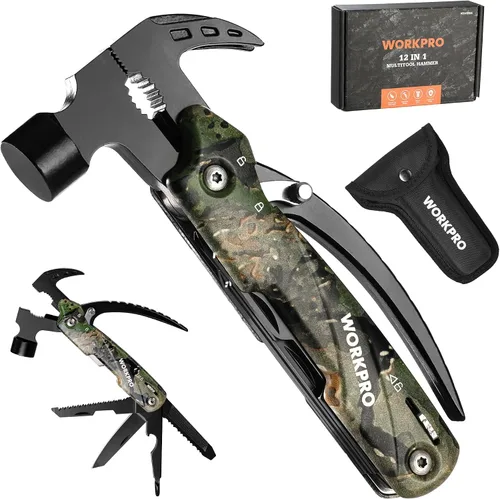 Vista 9 de WORKPRO Multitool-Herramientas de camping 12 en 1 con mini martillo-EDC Gear Multi Herramientas Martillo con bloqueo de seguridad y bolsa, Mini