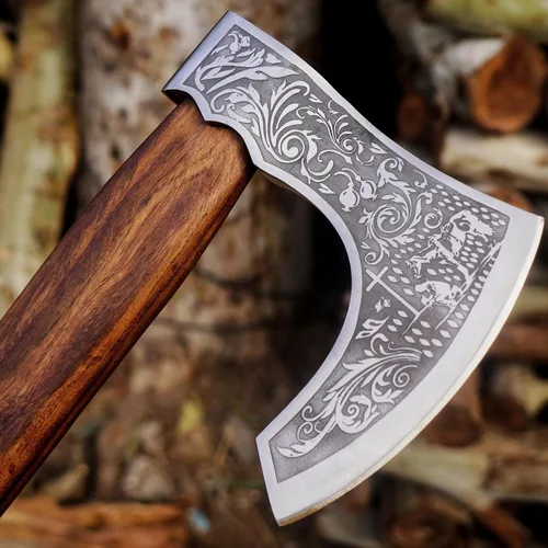 Vista 6 de Hacha vikinga barbuda con vaina, cabeza de hacha barbuda de damasco de 19.5 pulgadas con mango de madera de rosa duradera, el mejor regalo vikingo