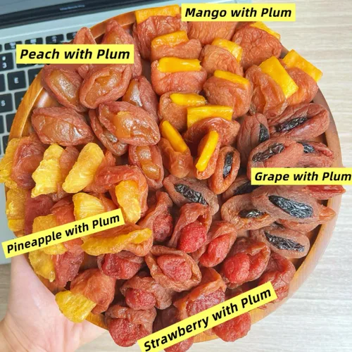 Vista 5 de Bocaditos de frutas secas mixtas con ciruela – 5 sabores surtidos: uva, mango, fresa, melocotón y piña, aperitivo masticable suave, 7 oz
