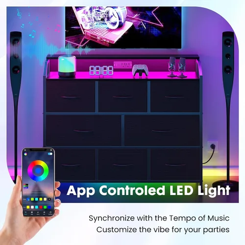 Vista 5 de DUMOS - Cómoda para TV con 8 cajones de tela, cómoda, color negro APP Control LED Lights and Type-C Charging Station, Fabric Storage Tower TV