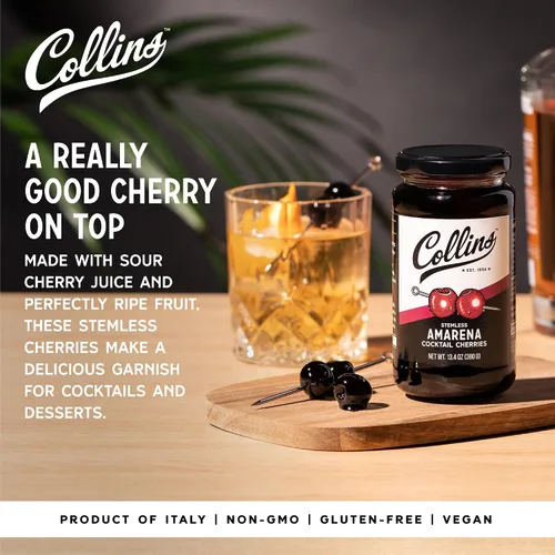 Vista 2 de Collins Amarena Cherries - Guarnición de cóctel prémium para cócteles, mezclas antiguas, cerezas italianas, tarro de cereza agria dulce de 13.4 onzas