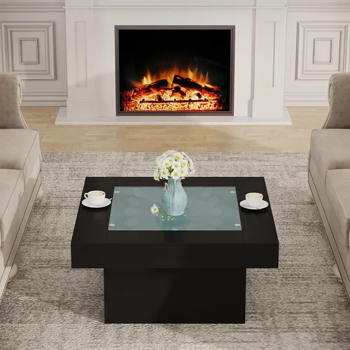 Vista 7 de Mesa de centro cuadrada con luces LED, mesas de centro de 35.4 pulgadas para sala de estar, mesa de centro de cristal templado, mesa central moderna