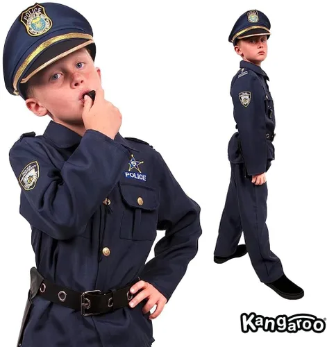 Vista 3 de Kangaroo Disfraz de policía para niños, sombrero de policía, camisa, pantalones, cinturón, funda y silbato, disfraz de policía para niños y niñas