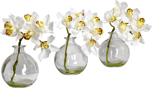 Vista 2 de Nearly Natural 4797 Cymbidium - Arreglo floral de seda, color blanco, juego de 3