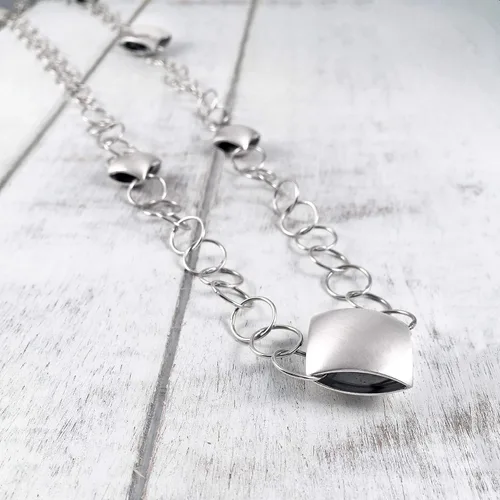 Vista 3 de Handmade Link Statement Necklace, Square Cushion Shapes, Sterling Silver 925 Satin and Polished Finish, Dark Oxidized Interior, Reversible, 53