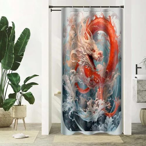 Vista 4 de YLOKPA0717 - Cortina de ducha de dragón japonés con ganchos, enorme ola de mar, cortina de baño de dragón rojo, 36 x 72 pulgadas, decoración de baño