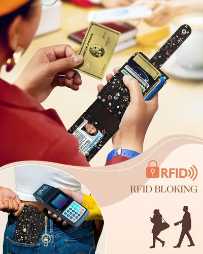 Vista 4 de Cartera delgada pequeña para tarjetas para mujeres – Linda cartera con llavero con bloqueo RFID que sostiene 7 tarjetas, diseño de moda de cuero
