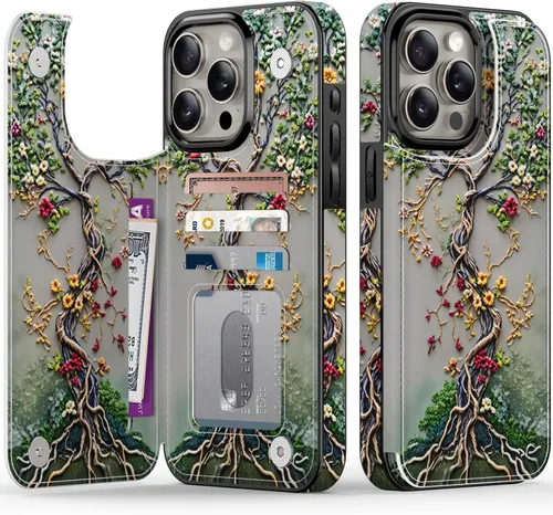 Vista 129 de FUNMIKO Funda tipo cartera para iPhone 15 con tarjetero + clip para efectivo, bloqueo RFID, protección contra caídas de grado militar y obras