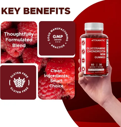 Vista 5 de Condroitina de glucosamina vitamática con MSM y vitamina E - 60 gomitas Sabor natural de frambuesa, fórmula de apoyo articular*, a base