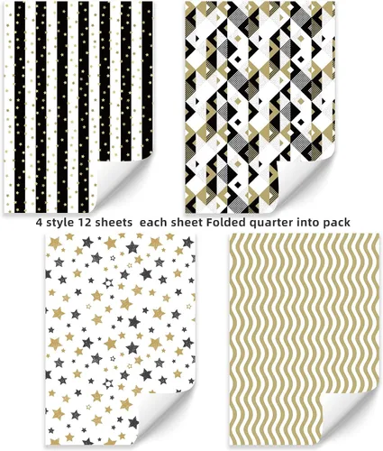Vista 6 de Papel de regalo plegado negro, blanco y dorado, diseño mate, estrellas, rayas, ondulaciones, cuadros para cumpleaños, Navidad, graduaciones, bodas