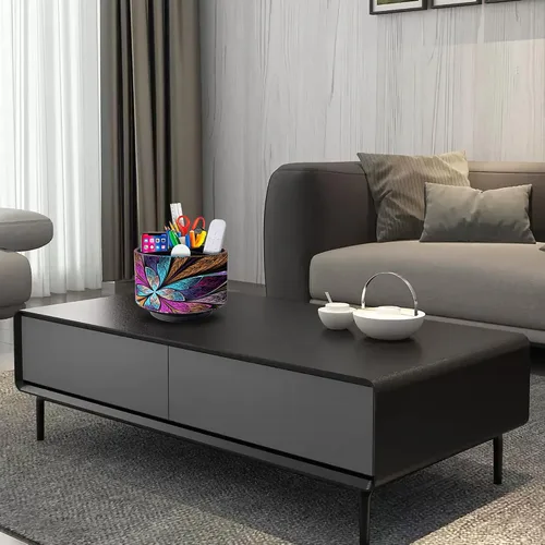 Vista 7 de Soporte para control remoto, organizador redondo de cuero para suministros de arte, papelería de cuero sintético, organizador de maquillaje
