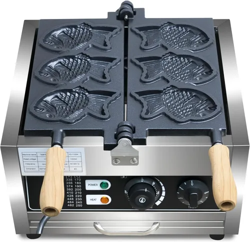 Vista 7 de Taiyaki - Máquina para hacer gofres de pescado, 3 unidades antiadherentes para hacer gofres eléctricos Taiyaki Baker con forma de pez, acero