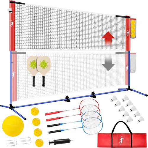Vista 9 de Juego de red de bádminton de pickleball para patios traseros, juego combinado de voleibol portátil todo en uno con red ajustable, palas de voleibol