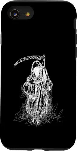 Vista 18 de iPhone 16 Halloween Grim Reaper Ghost with Scythe, Hand Sketch Case