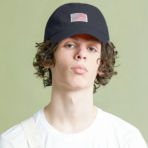Vista 2 de Gorra de béisbol ajustable de perfil bajo 100% algodón con bandera de Estados Unidos y bordado