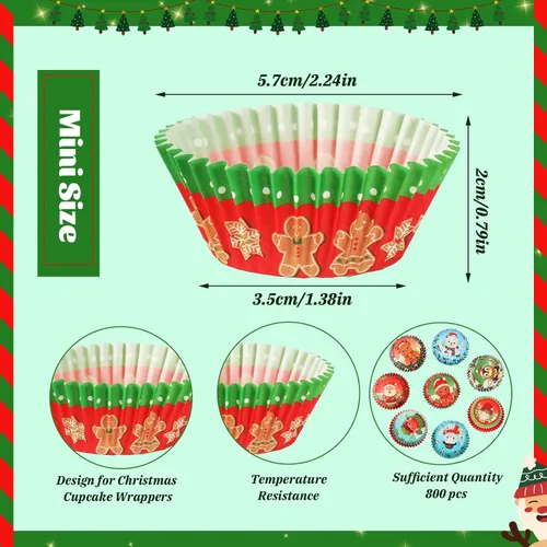 Vista 2 de AUGSUN 800 piezas de mini moldes para cupcakes de Navidad, envolturas para cupcakes con diseños de Santa, muñeco de nieve, bosque, moldes mini