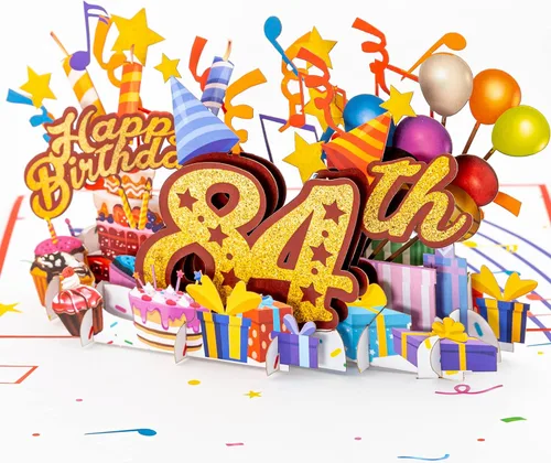 Vista 14 de iGifts And Cards Tarjeta desplegable 3D de feliz cumpleaños 84 – Diseño azul con números de purpurina, globos, pasteles y regalos – Tarjeta