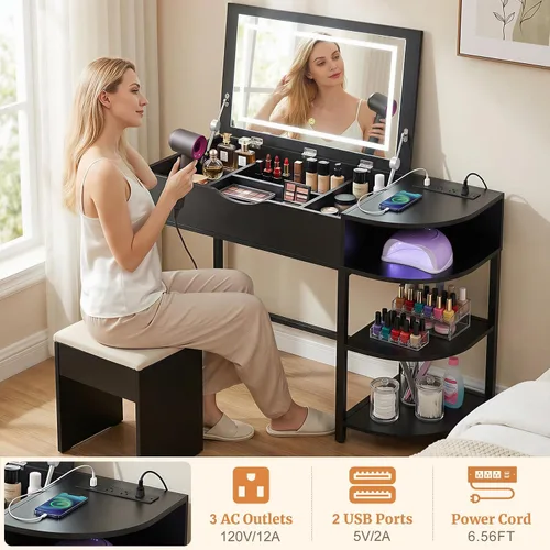 Vista 9 de Cyclysio Escritorio de tocador con espejo abatible y luces, escritorio de maquillaje con cajones, tocador con estantes de almacenamiento y estación