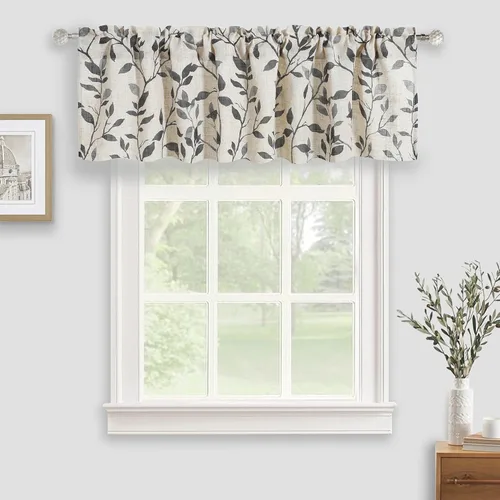 Vista 2 de Cenefa de cocina de lino, cenefas de cortina con estampado de hojas de árbol para baño, dormitorio, sala de estar, decoración de granja con bolsillo