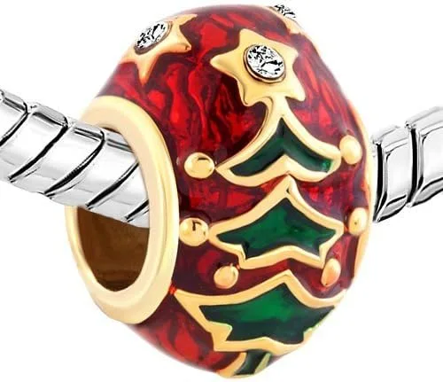 Vista 2 de Encantos abalorios de esmalte de árbol de Navidad encantados para pulseras de cadena de serpiente