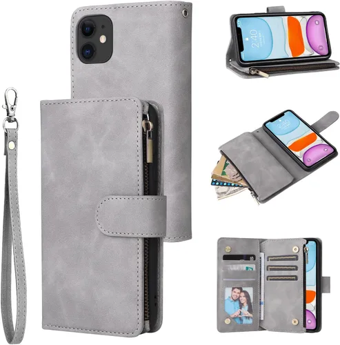 Vista 8 de UEEBAI Funda tipo cartera para iPhone 11 de 6.1 pulgadas, piel sintética con purpurina, cierre magnético, bolsillo con cremallera, ranuras