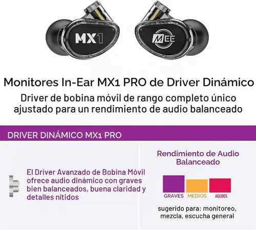 Vista 3 de MEE Professional MX1 PRO Advanced Dynamic Driver Auriculares intrauditivos con sonido equilibrado; auriculares con aislamiento de ruido con cable