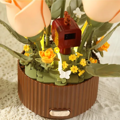 Vista 7 de Juego de construcción de ramo de flores eléctrico, 255 piezas, rosas florecientes motorizadas con botella de spray interactiva, sonido de riego