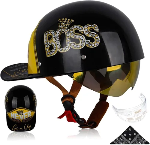 Vista 13 de Gorra de béisbol para motocicleta, 3 unidades, aprobado por DOT, estilo vintage, cara abierta, unisex, para adultos, medios cascos de doble lente