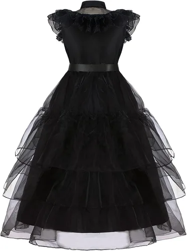 Vista 7 de YUEGOO Wednesday Addams - Disfraz para niñas, disfraz de la familia Addams, vestido de fiesta de disfraces de Halloween con accesorios de 3 a 12 años