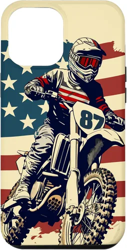 Vista 25 de Funda vintage para iPhone 16 Motocross Rider Dirt Bike con bandera estadounidense