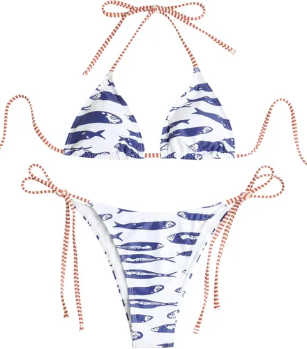 Vista 38 de ZAFUL Bikinis triangulares estampados para mujer, 2 piezas, bikini halter, traje de baño de corte alto, traje de baño con lazo lateral 0-negro a