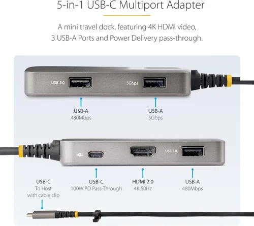 Vista 3 de StarTech Mini Dock USB-C 5 en 1 con HDMI 4K HDR10, 3 puertos 5Gbps, 100W PD Windows macOS ChromeOS iPadOS Android, WWCB certified Chromebooks