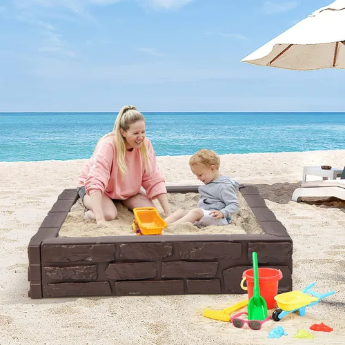 Vista 9 de Costzon Caja de arena para niños con cubierta, caja de arena de polietileno de alta densidad de 47 x 47 pulgadas con cubierta Oxford, forro Marrón