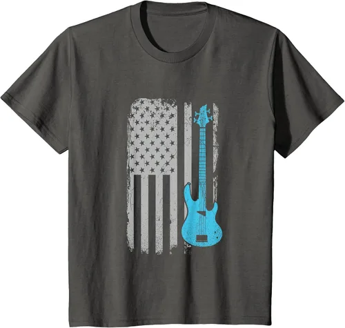 Vista 34 de Electric Bass Guitar Player American Flag Musician T-Shirt Asphalt Grey