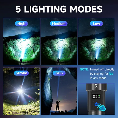 Vista 3 de 4 paquetes de linternas recargables de alto lúmenes 9900LX, linterna LED recargable con pantalla digital LCD, linterna ajustable de 5 modos