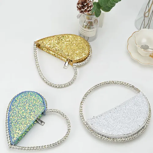 Vista 8 de Anopo Mini corazón forma redonda Rhinestone embrague bolso bolso marco diamante brillo lentejuelas brillantes bolso de noche boda fiesta