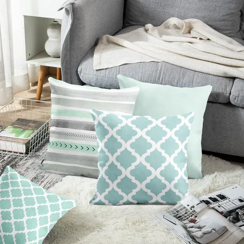 Vista 5 de Emvency Juego de 4 fundas de almohada de color menta, marroquí, verde, cuadrifolio, gris, acuarela, flechas, genéricas, sólidas, decorativas