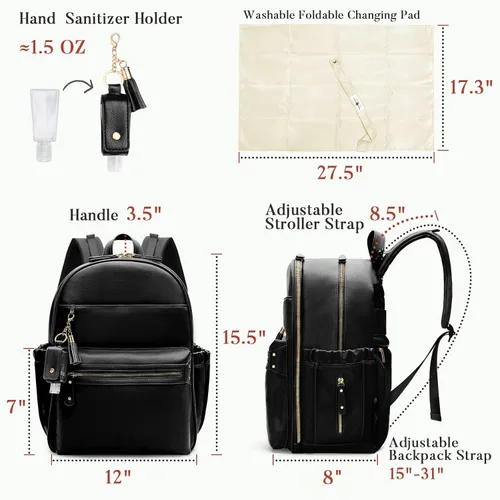 Vista 6 de miss fong Bolsa de pañales de cuero, bolsa de pañales para bebé, 16 bolsillos con soporte para desinfectante de manos, cambiador, 2 bolsillos Negro