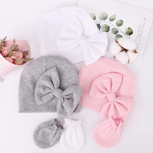 Vista 6 de BQUBO Newborn Baby Girls Hats Mittens Set Hospital Hat Beanie Infant Bow Hats Baby Cotton No Scratch Gloves