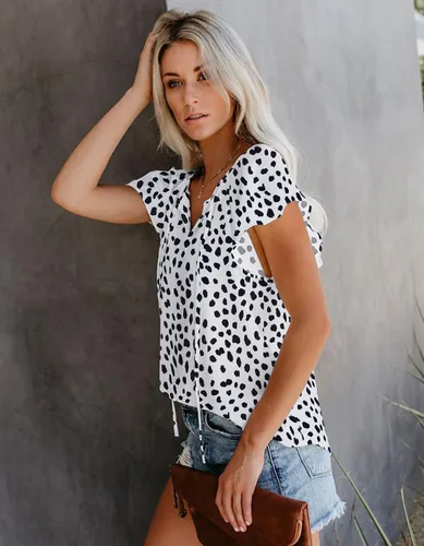 Vista 2 de SimpleFun Blusa de verano de manga corta con cuello en V floral para mujer