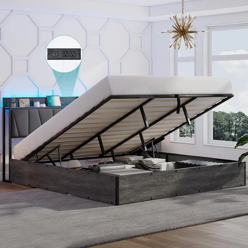 Vista 13 de LUXOAK Marco de cama de almacenamiento elevable tamaño King con luces LED, cabecera tapizada de lino con estación de carga, marco de cama de Negro