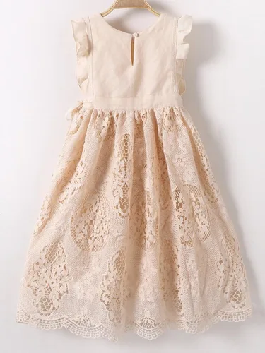 Vista 4 de Vestido blanco opaco durazno vintage con encaje sin mangas con flores para niña de Bow Dream