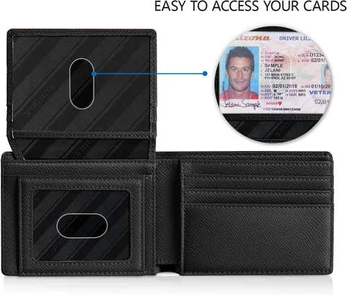Vista 2 de RUNBOX Cartera para hombres Slim Rfid Leather 2 ID Window con caja de regalo, Palm-negro, Minimalista