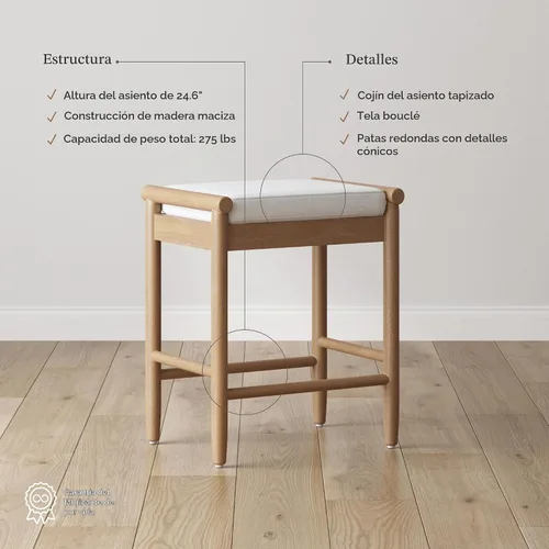 Vista 4 de Nathan James Kirsten - Taburete escandinavo de madera sin espalda, taburete de bar Boucle con patas cónicas de madera maciza, color marrón claro