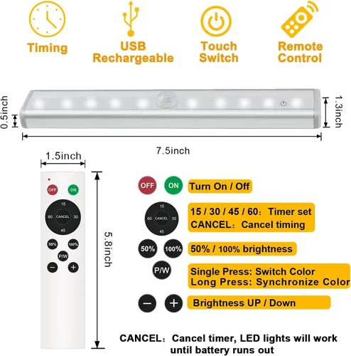 Vista 6 de Diomart Iluminación para debajo del gabinete, luces inalámbricas recargables para debajo del mostrador con control remoto, 20 luces LED regulables