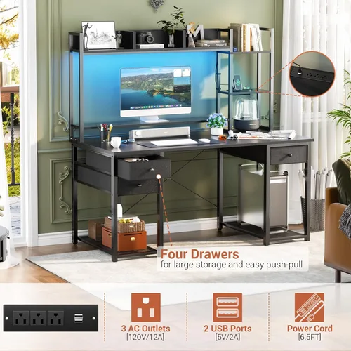 Vista 3 de Aheaplus Escritorio LED para Gaming con Hutch, 47.2'' Estación de Trabajo para Computadora, Negro