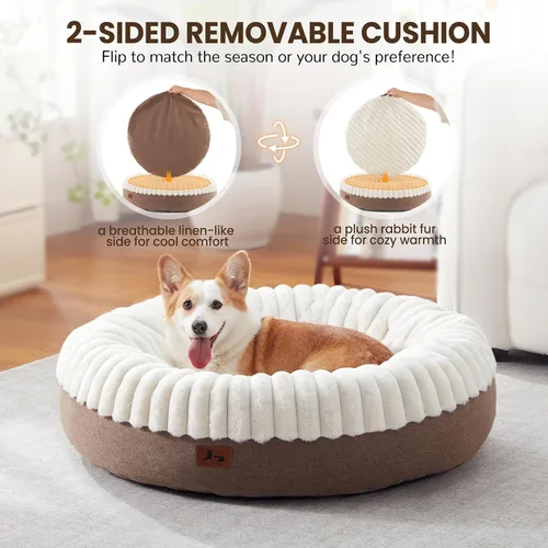 Vista 3 de Cama para perros en forma de dona, tamaño mediano, camas redondas para perros y gatos pequeños y medianos con piel sintética esponjosa lavable, cama