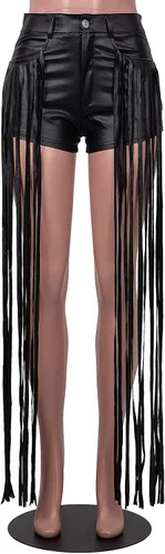 Vista 4 de WOKANSE Pantalones cortos de piel sintética con borlas para mujer, pantalones cortos de yoga con bolsillos, pantalones cortos para mujer